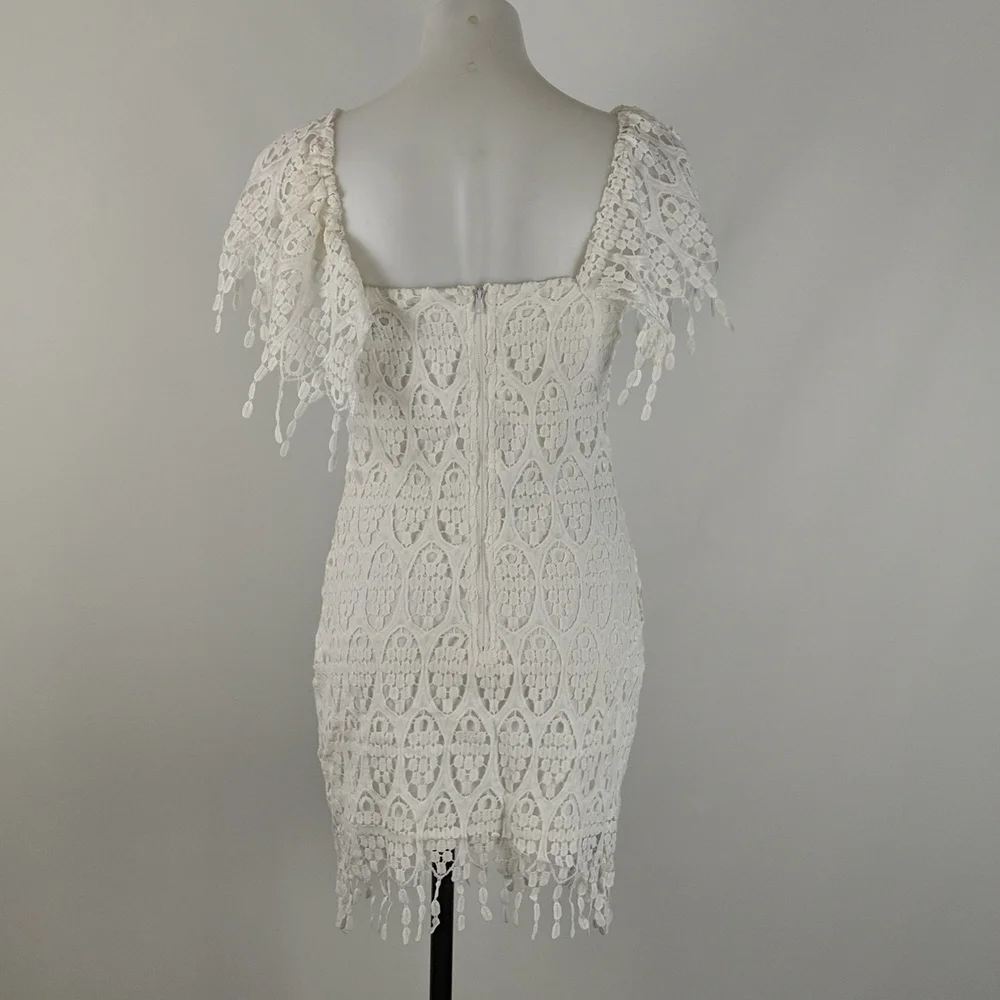 Lioness Dress Size Medium White Lined Cap Sleeves Zip-up Back Lace Fringe BNWT - Picture 4 of 8